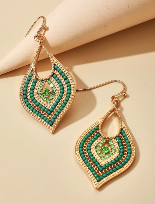 Green and Gold Rhinestone Bead Drop Earrings