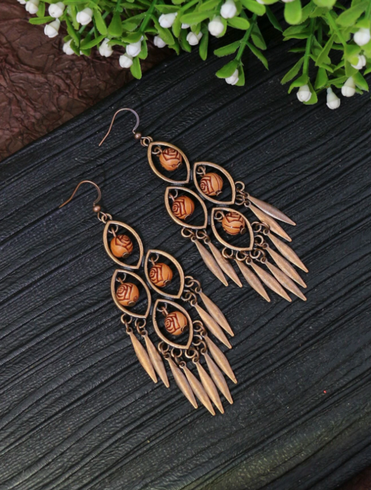 Brown & Bronze Geometric Tassel Drop Earrings