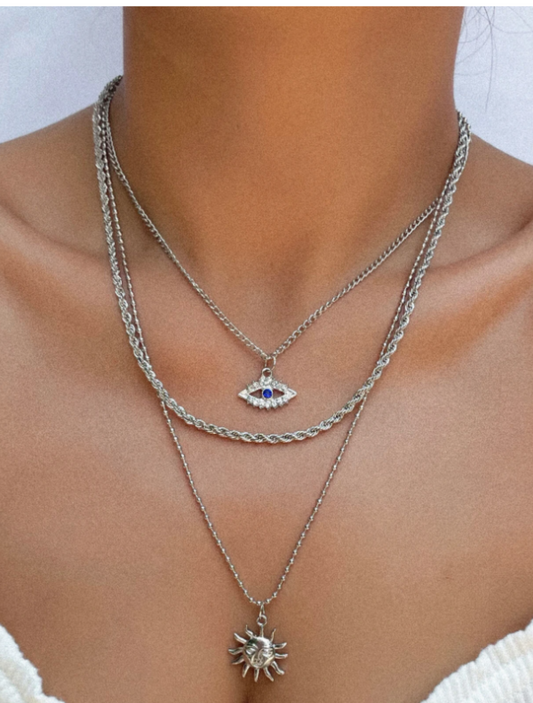Rhinestone Eye Charm Layered Necklace