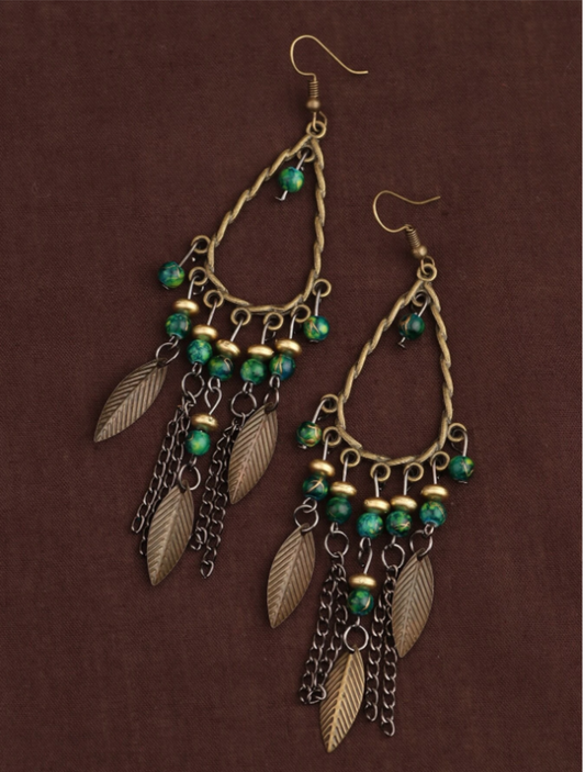 Bronze and Green Leaf & Chain Charm Earrings