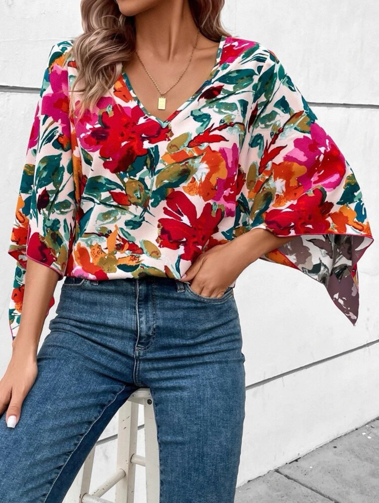 Floral Print Batwing Sleeve Blouse