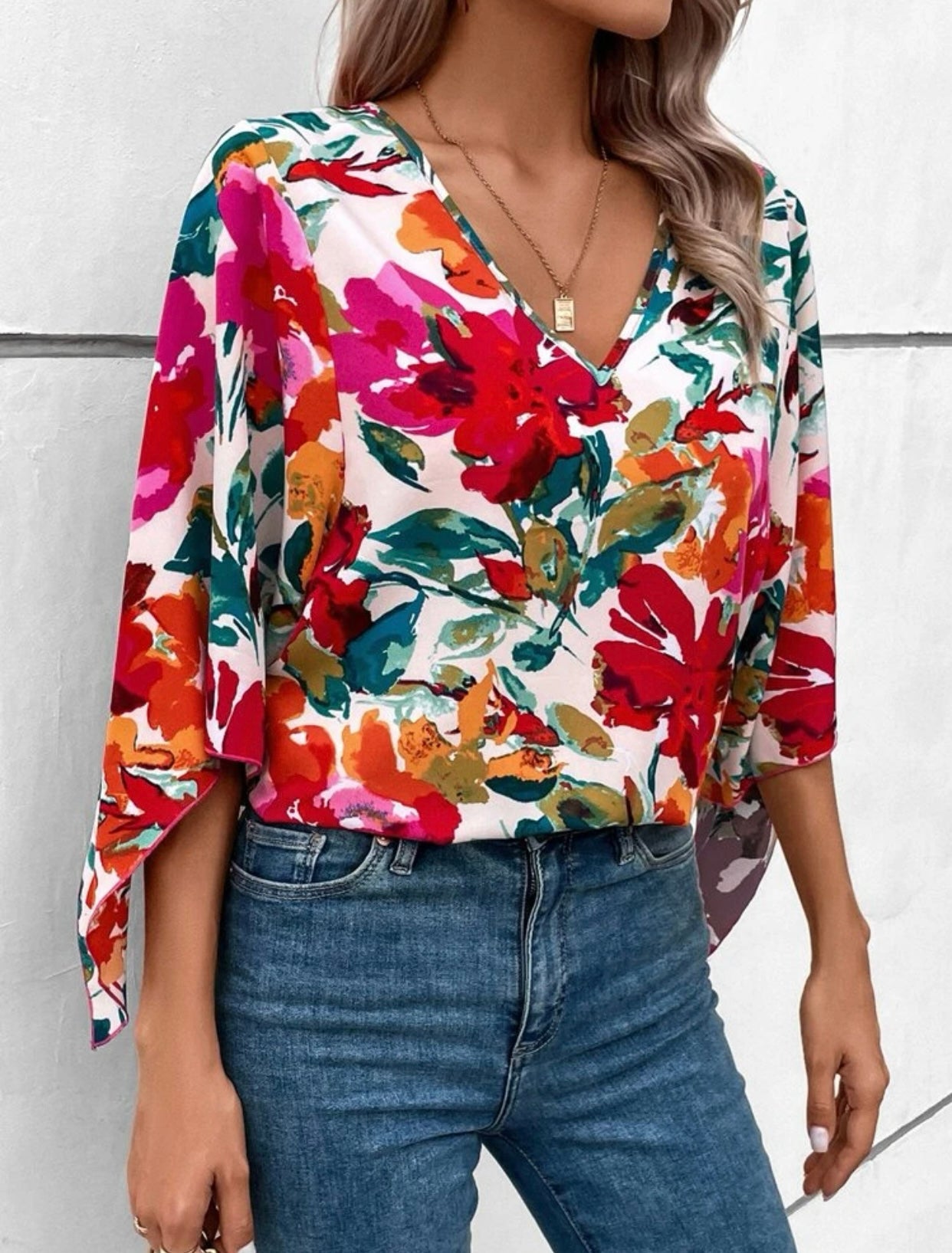 Floral Print Batwing Sleeve Blouse