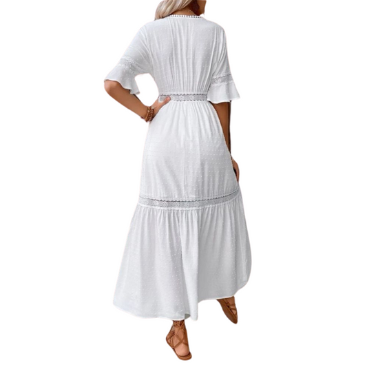 White Swiss Dot Guipure Lace Sleeve Dress
