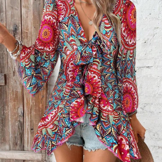 Multicolor Mandala Flare Sleeve Blouse