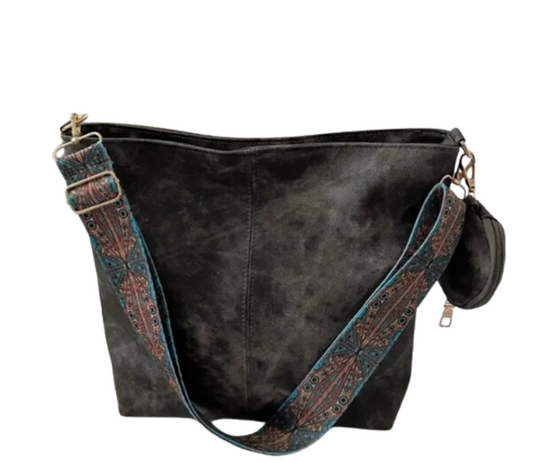 Elegant Black Tote Bag with Adjustable Embroidery Strap