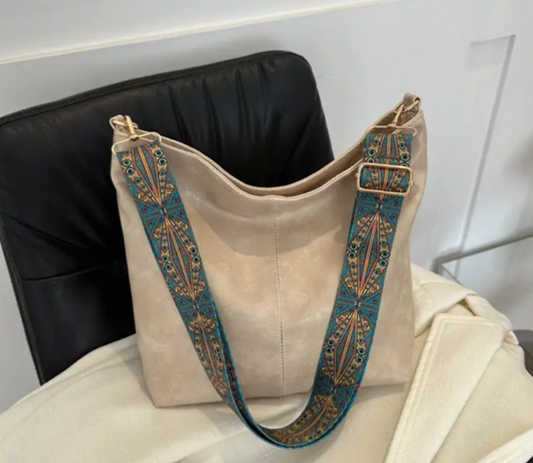 Beige Sling Bag with Adjustable Embroidery Strap
