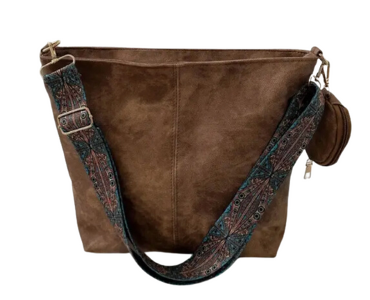Elegant Brown Tote Bag with Adjustable Embroidery Strap
