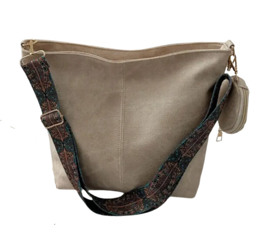Elegant Beige Tote Bag with Adjustable Embroidery Strap