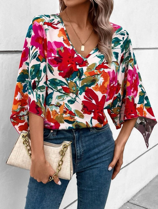 Floral Print Batwing Sleeve Blouse